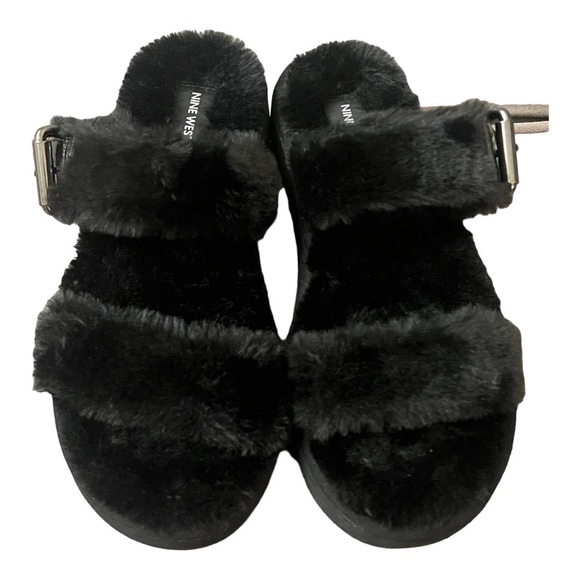Nine West Black Faux Fur Sandals Fuzzy Plush Double Strap Buckle Slides Size 8 - Picture 1 of 9